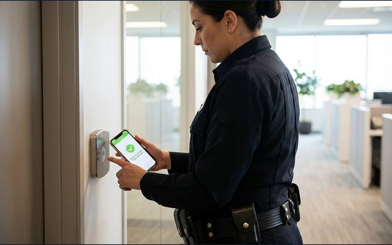 Guard using Kovrra Worx on mobile at an NFC checkpoint